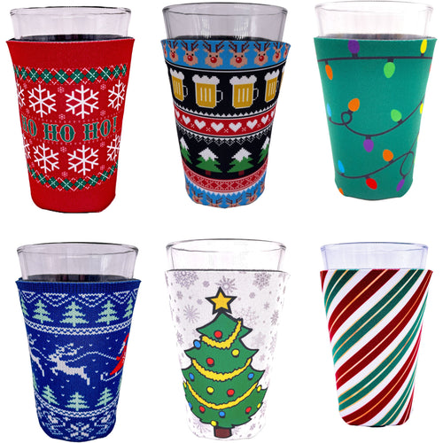 Pint Glass koozie 6 pack with christmas holiday design prints