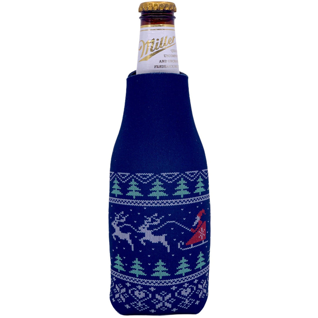 beer bottle koozie with christmas sweater, santa and reindeer design