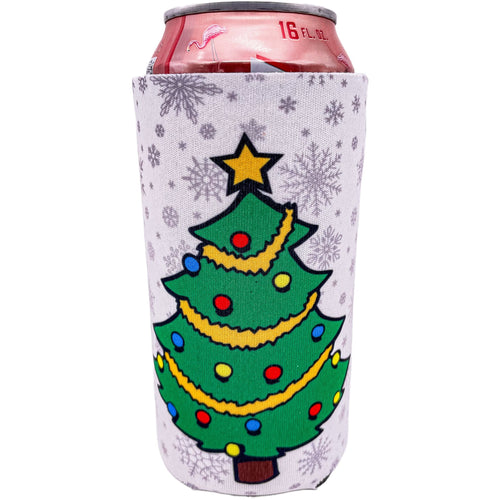 16 ounce can koozie with christmas tree design print