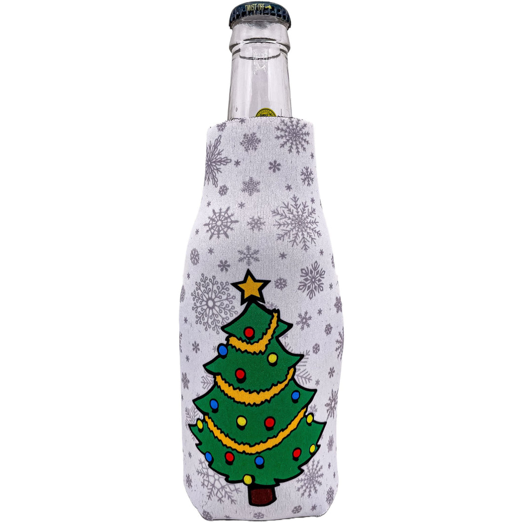 beer bottle koozie with christmas tree and snowflake pattern design print