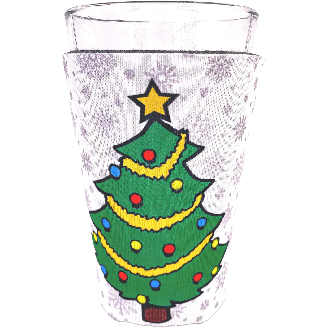 pint glass koozie with christmas tree and snowflakes design print