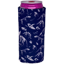 Load image into Gallery viewer, slim can koozie with dinosaur bones pattern design in white on navy background
