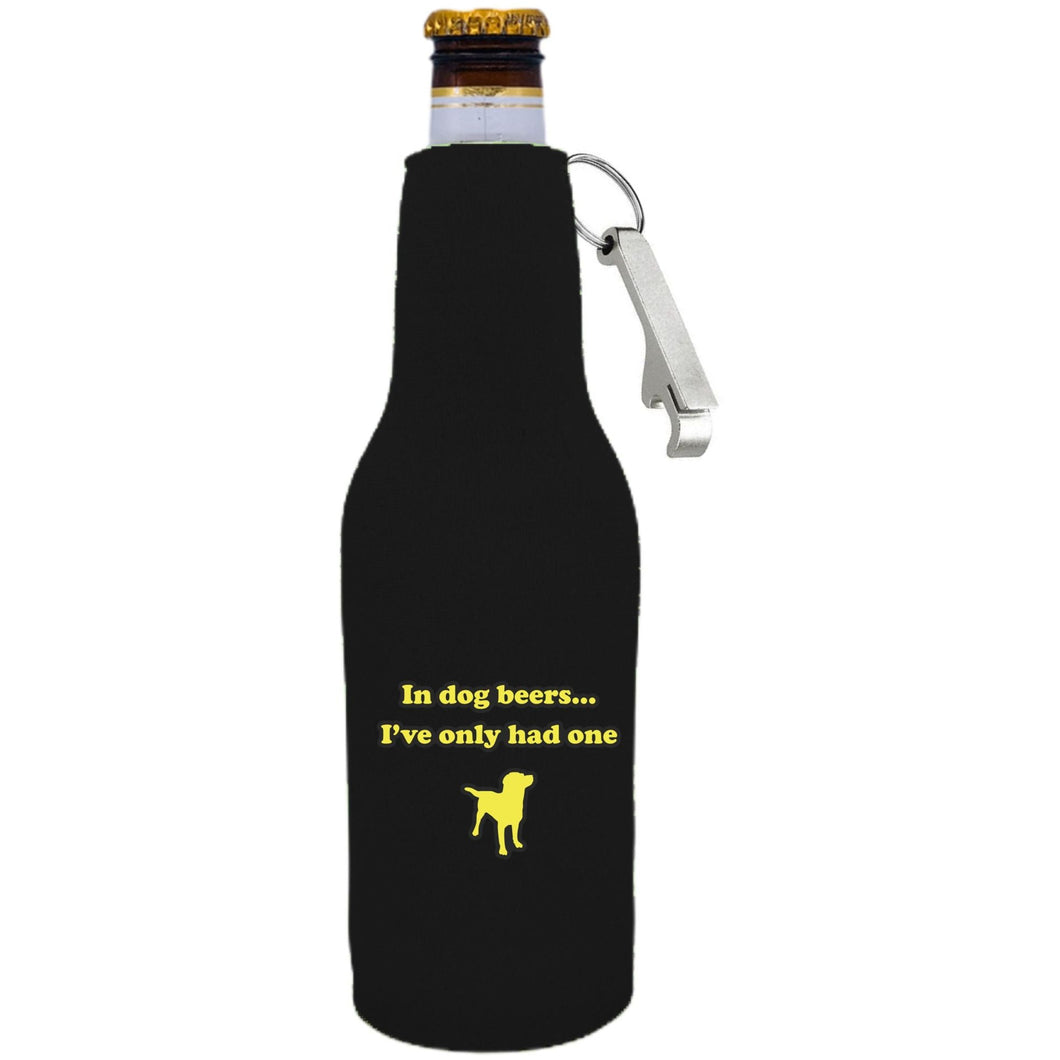 black beer bottle koozie with opener and dog beers funny design