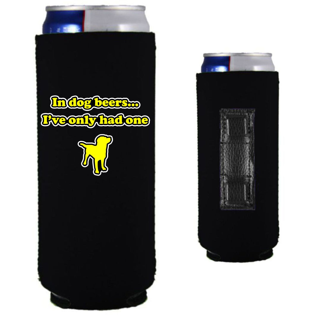 black magnetic slim can koozie with dog beers funny design