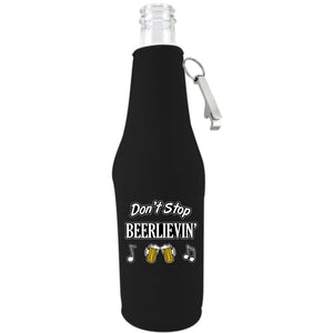black zipper beer bottle koozie with opener and don't stop beerlievin' design