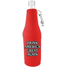 Load image into Gallery viewer, red zipper beer bottle koozie with opener and funny drink america great again design 
