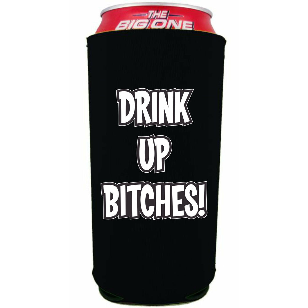 black 24oz can koozie with drink up bitches text design