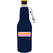 Load image into Gallery viewer, navy beer bottle koozie with opener and drunken grownups funny design
