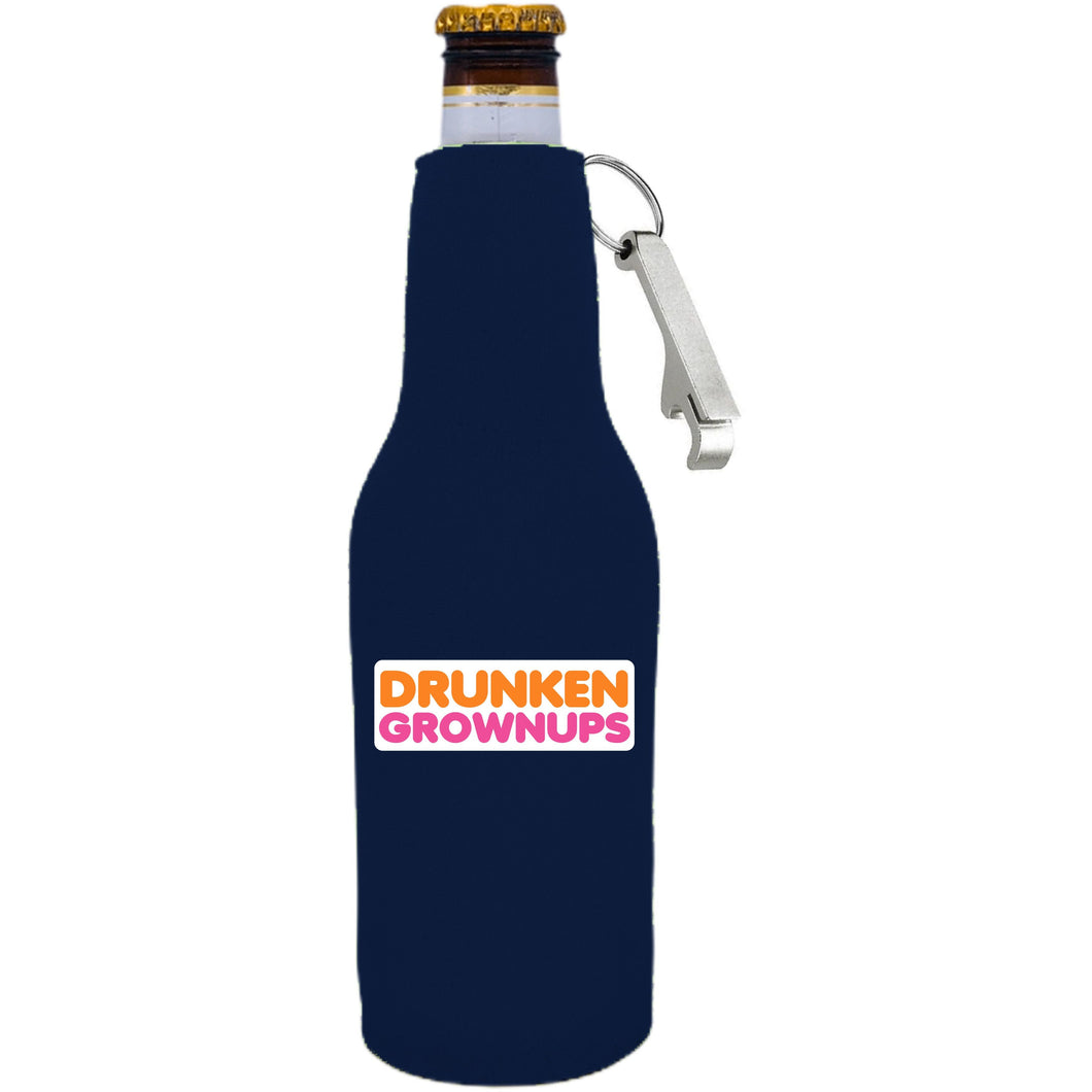 navy beer bottle koozie with opener and drunken grownups funny design