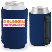 Load image into Gallery viewer, navy magnetic can koozie with drunken grownups funny design
