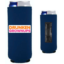 Load image into Gallery viewer, navy magnetic slim can koozie with drunken grownups funny design
