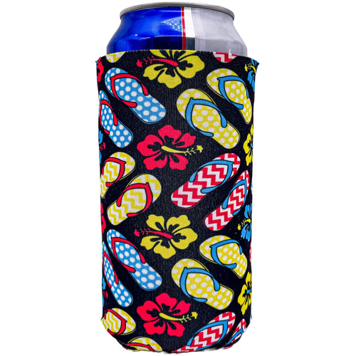 24 ounce can koozie with flip flops and flowers pattern design print