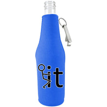 Load image into Gallery viewer, royal blue beer bottle koozie with &quot;it&quot; text and stickman humping the word design
