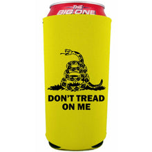 Load image into Gallery viewer, yellow 24oz can koozie with don&#39;t tread on me text and snake graphic
