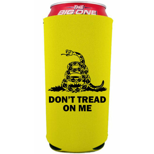 yellow 24oz can koozie with don't tread on me text and snake graphic