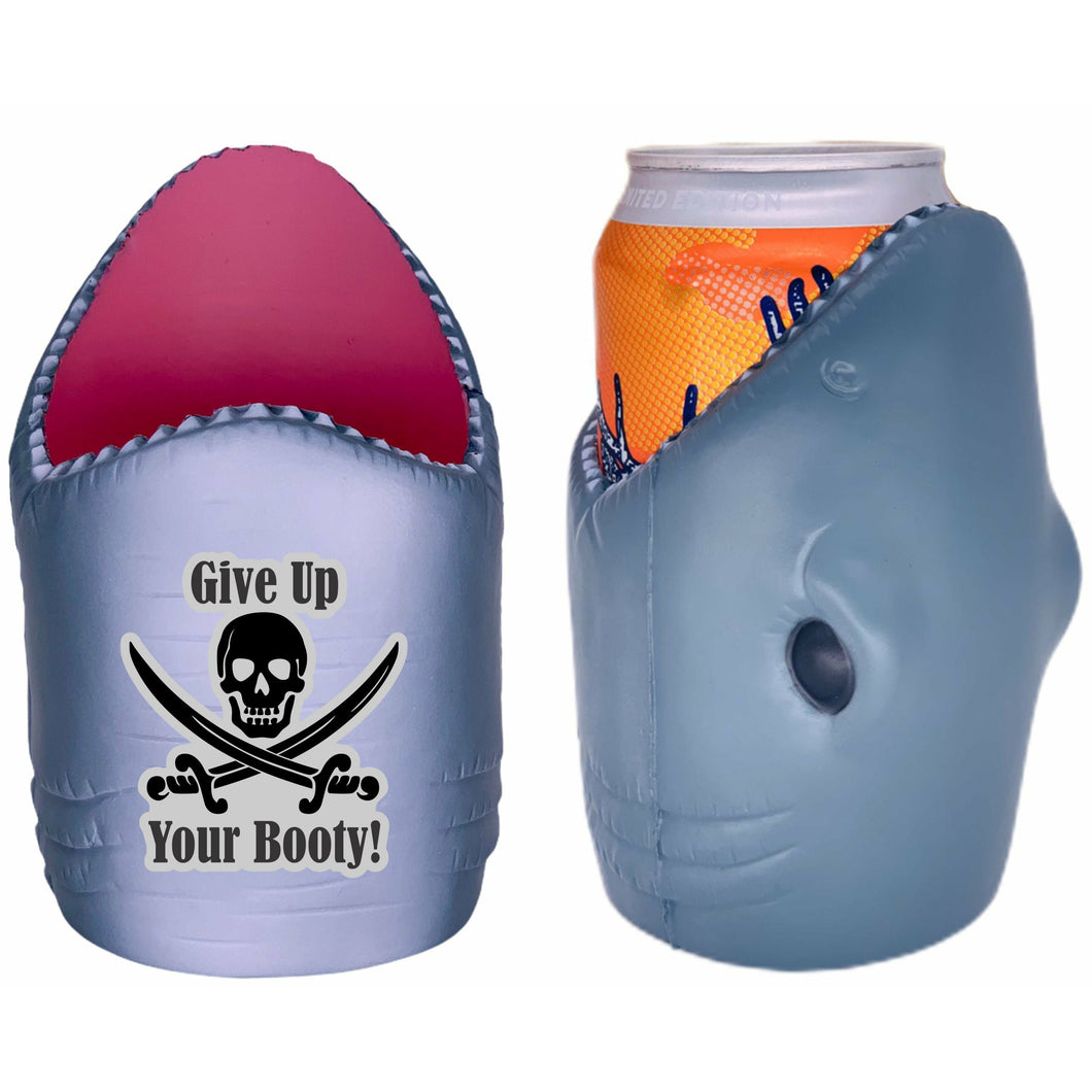 shark shaped koozie with give up your booty text and jolly roger design