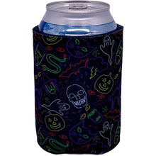 Load image into Gallery viewer, can koozie with halloween characters in neon colors print design
