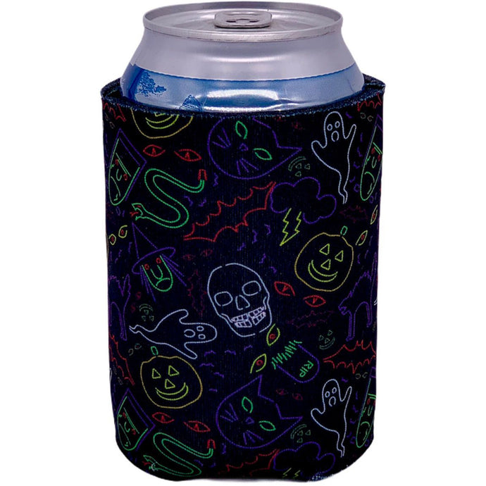 can koozie with halloween characters in neon colors print design