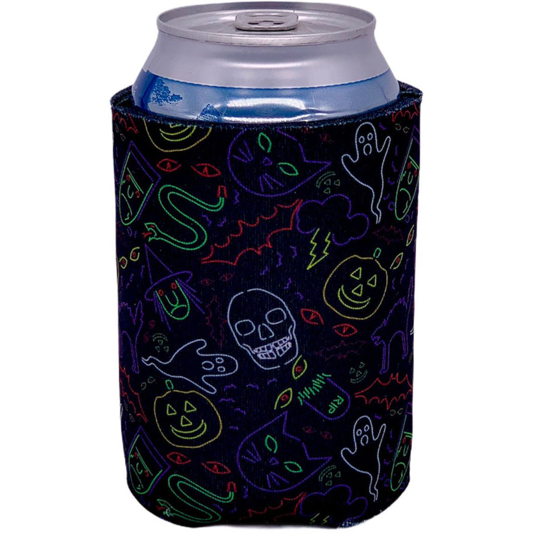 can koozie with halloween characters in neon colors print design