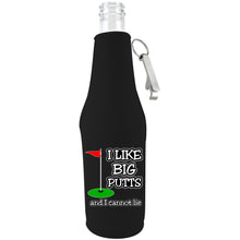 Load image into Gallery viewer, Black zipper beer bottle with opener and funny i like big putts and i cannot lie design 
