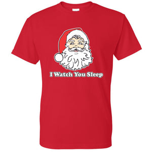 red tee shirt with santa graphic and "i watch you sleep" text