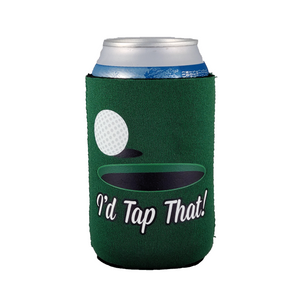 dark green can koozie with "i'd tap that" text and golf ball near golf hole design