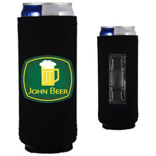 Load image into Gallery viewer, black magnetic slim can koozie with john beer funny design
