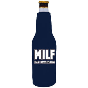 navy zipper beer bottle koozie with milf man i love fishing design 