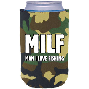camo can koozie with "MILF, man i love fishing" funny text design