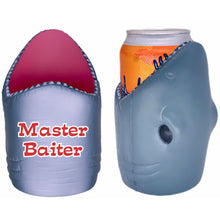 Load image into Gallery viewer, shark shaped koozie with master baiter funny text design
