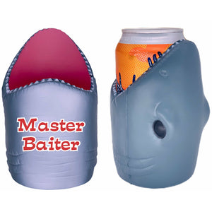 shark shaped koozie with master baiter funny text design
