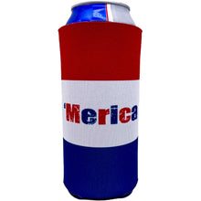 Load image into Gallery viewer, 24 ounce can koozie with merica text and white and blue stripes design print
