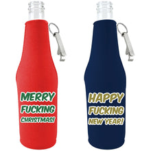 Load image into Gallery viewer, beer bottle koozies with openers set of 2 with &quot;merry fucking christmas&quot; and &quot;happy fucking new year&quot; text designs
