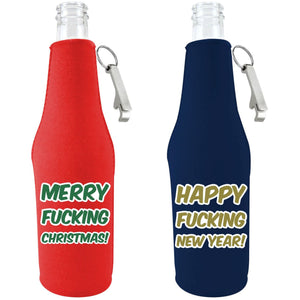 beer bottle koozies with openers set of 2 with "merry fucking christmas" and "happy fucking new year" text designs