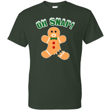 Load image into Gallery viewer, dark green tee shirt with gingerbread man missing leg graphic print and &quot;oh snap&quot; text
