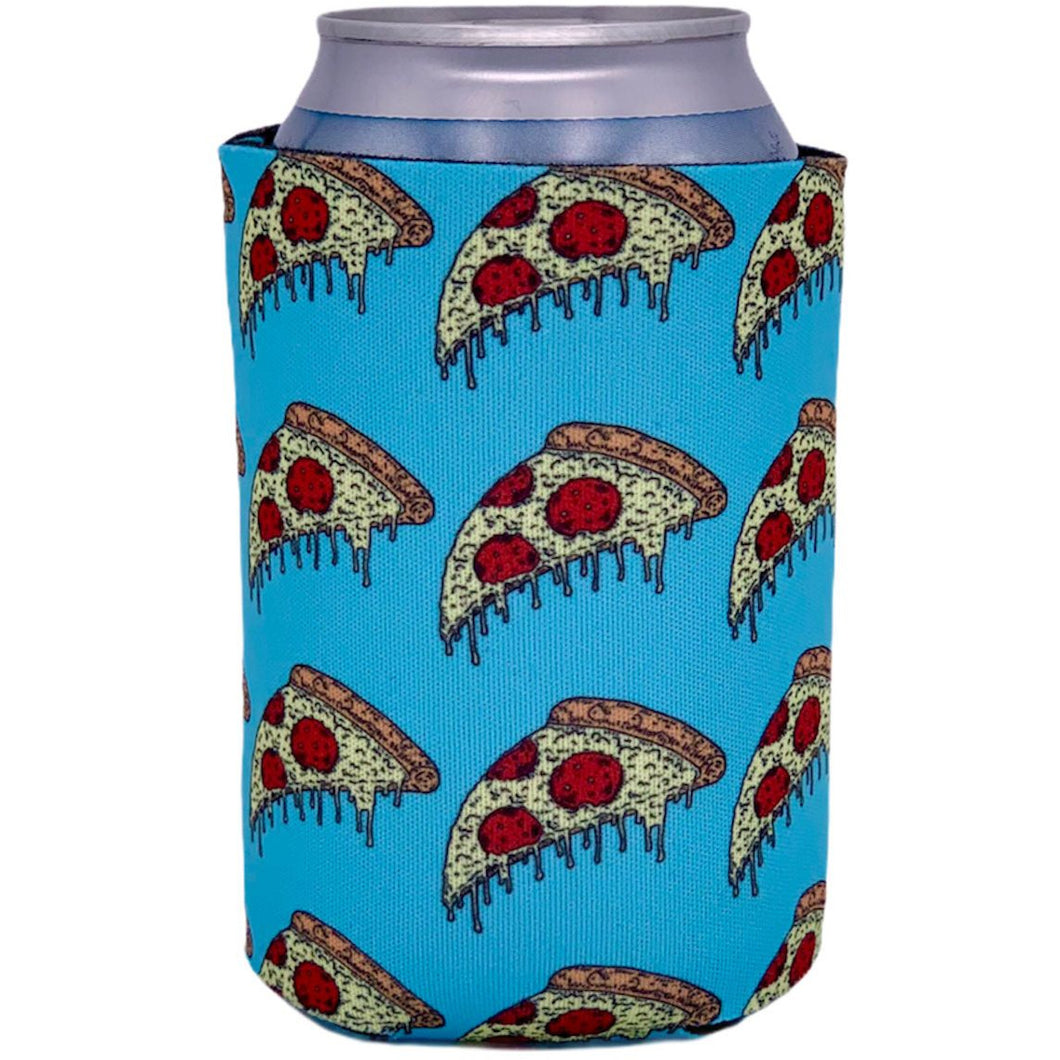 can koozie with pizza slice pattern and light blue background print all over design