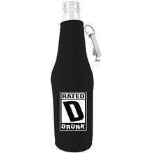 Load image into Gallery viewer, black zipper beer bottle koozie with opener and funny rated d for drunk design 
