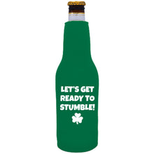 Load image into Gallery viewer, Green Beer Bottle Koozie with Let&#39;s Get Ready to Stumble Design in White
