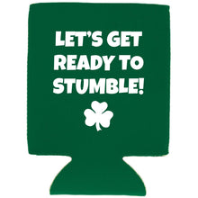 Load image into Gallery viewer, Green Magnetic Can Koozie with Let&#39;s Get Ready to Stumble Design in White
