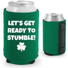 Load image into Gallery viewer, Green Magnetic Can Koozie with Let&#39;s Get Ready to Stumble Design in White
