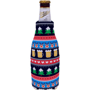 beer bottle koozie with reindeer and beer mug pattern design