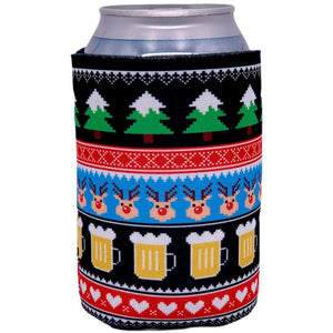 can koozie with chrismtas reindeer and beer mug pattern