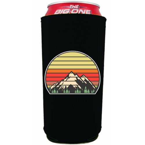 black 24oz can koozie with retro mountains graphic