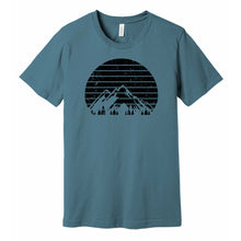 Load image into Gallery viewer, steel blue t shirt with retro mountains graphic design print in black

