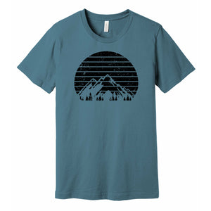 steel blue t shirt with retro mountains graphic design print in black