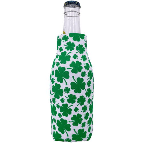 White Beer Bottle Koozie with Green Shamrock Pattern Print 