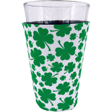 Load image into Gallery viewer, White Pint Glass Koozie with Green Shamrock Pattern Print 
