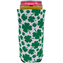 Load image into Gallery viewer, White Slim Can Koozie with Green Shamrock Pattern Print 
