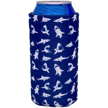 Load image into Gallery viewer, 16 oz can koozie with shark silhouette pattern on navy background
