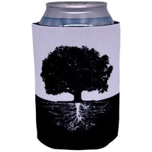 Load image into Gallery viewer, can koozie with tree and roots black and white graphic design
